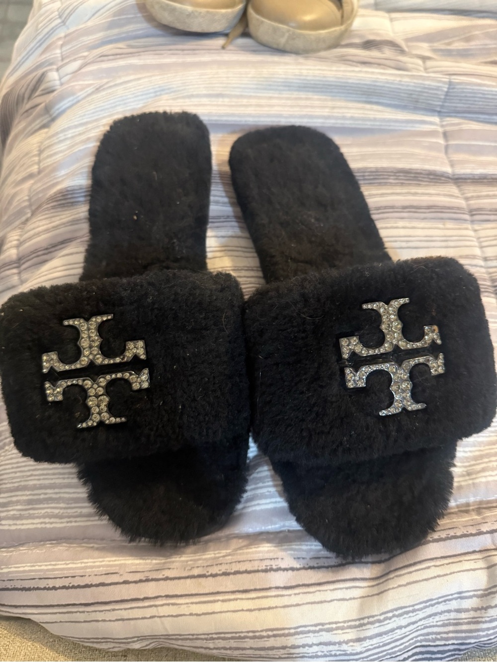 Tory Burch Black Fuzzy Slide Sandals with Crystal Double-T Logo